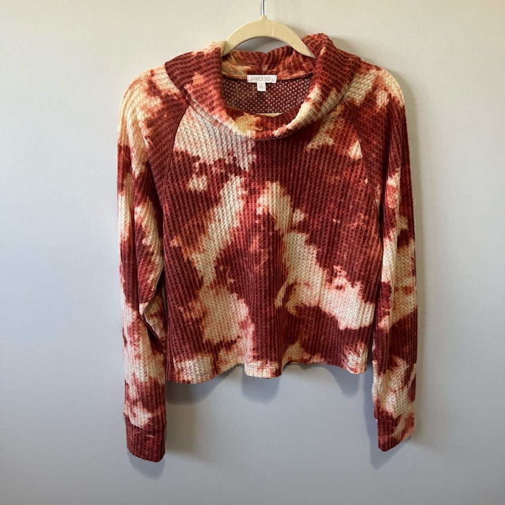 Abound Waffle Knit Rust Multi Color Tie Dye Cowl Neck Top S NWT